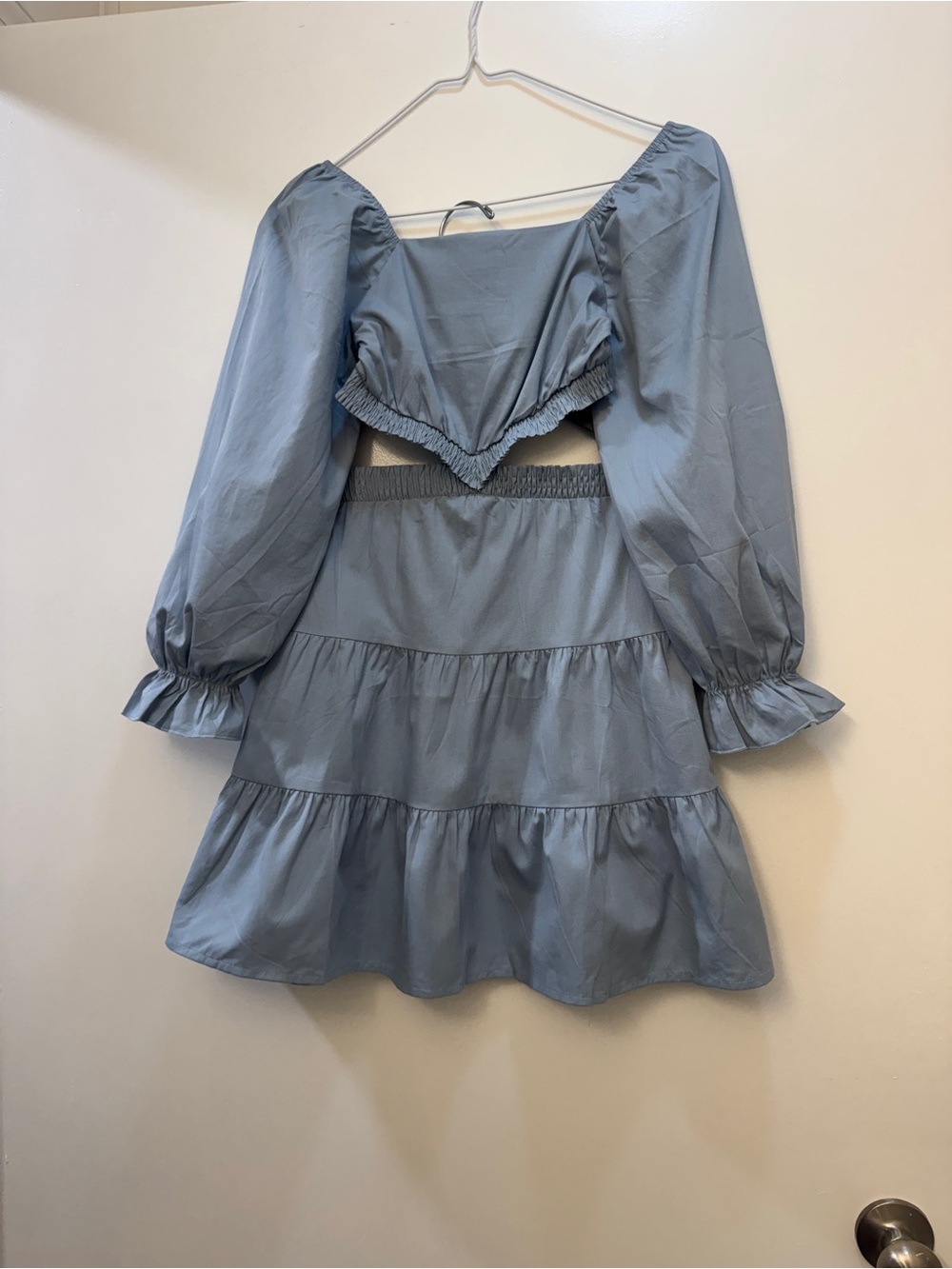 Boutique Dusty Blue Puff Sleeve Tiered Two-Piece Dress Set